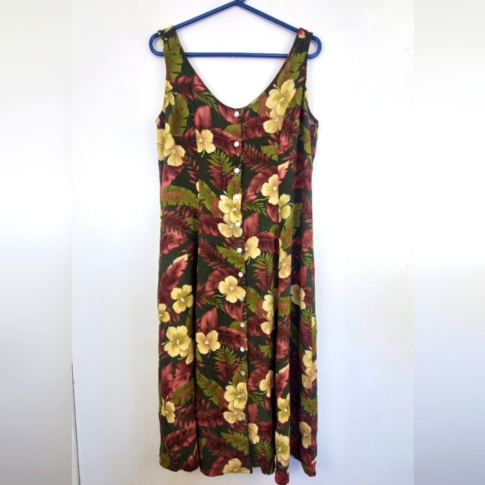 Darian Sleeveless Full Length Floral Print Button Dress 100% Rayon Size 8